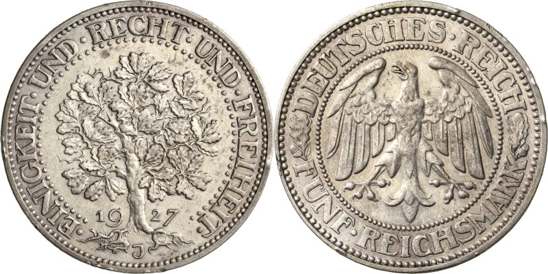5 Reichsmark 1927 J Eichbaum Jaeger 331 Kl. Randfehler, sehr schön-vorzüglich
