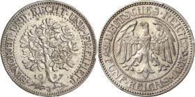 5 Reichsmark 1927 J Eichbaum Jaeger 331 Kl. Randfehler, sehr schön-vorzüglich