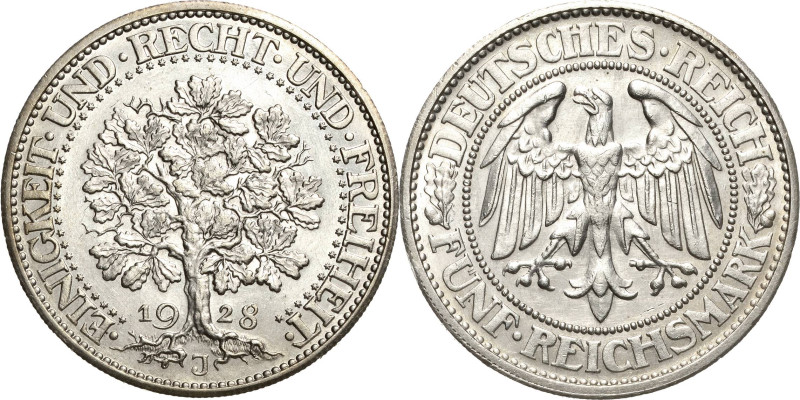 5 Reichsmark 1928 J Eichbaum Jaeger 331 Min. berieben, vorzüglich-Stempelglanz