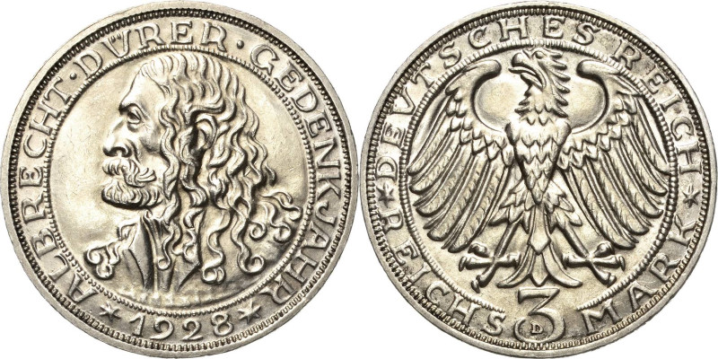 3 Reichsmark 1928 D Dürer Jaeger 332 Vorzüglich-prägefrisch