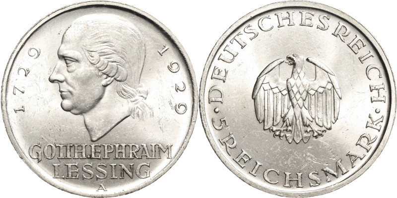 5 Reichsmark 1929 A Lessing Jaeger 336 Kl. Kratzer, vorzüglich-Stempelglanz
