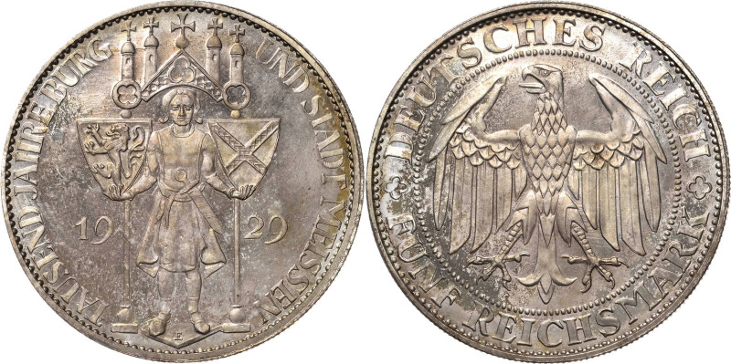 5 Reichsmark 1929 E Meißen Jaeger 339 Vom polierten Stempel. Avers min. berührt,...