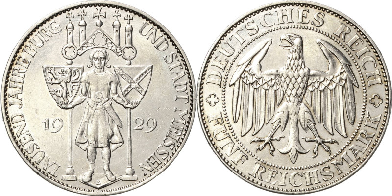 5 Reichsmark 1929 E Meißen Jaeger 339 Min. korrodiert, fast vorzüglich