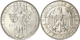 5 Reichsmark 1929 E Meißen Jaeger 339 Min. korrodiert, fast vorzüglich