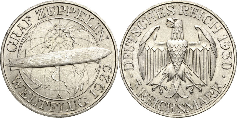 3 Reichsmark 1930 A Zeppelin Jaeger 342 Kl. Kratzer, vorzüglich-prägefrisch