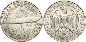 3 Reichsmark 1930 A Zeppelin Jaeger 342 Kl. Kratzer, vorzüglich-prägefrisch