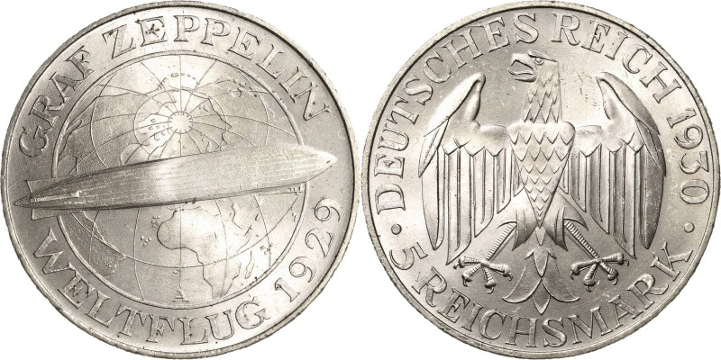 5 Reichsmark 1930 A Zeppelin Jaeger 343 Vorzüglich-Stempelglanz