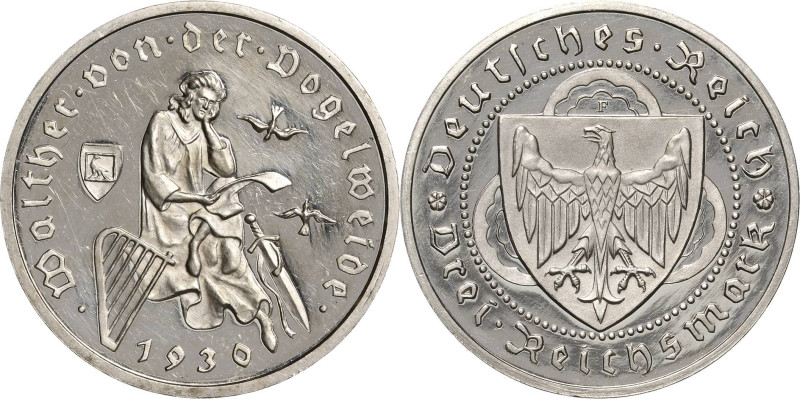 3 Reichsmark 1930 F Vogelweide Jaeger 344 Avers feine Kratzer, Polierte Platte