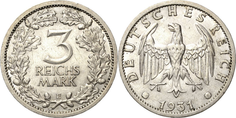 3 Reichsmark 1931 E Kursmünze Jaeger 349 Sehr schön+