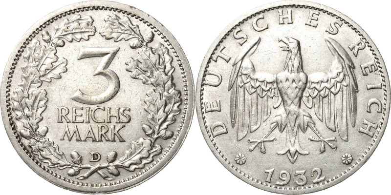 3 Reichsmark 1932 D Kursmünze Jaeger 349 Sehr schön-vorzüglich