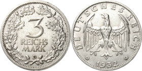 3 Reichsmark 1932 D Kursmünze Jaeger 349 Sehr schön-vorzüglich
