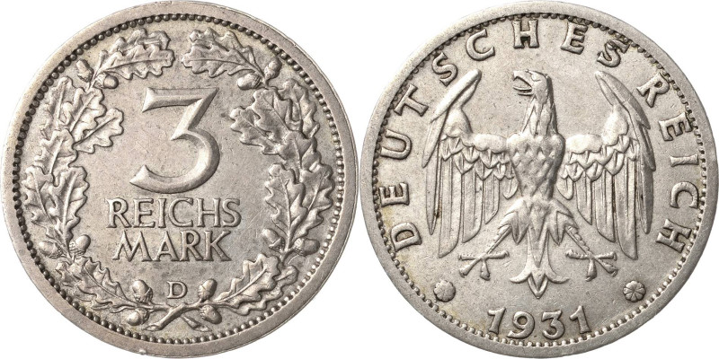 3 Reichsmark 1932 D Kursmünze Jaeger 349 Sehr schön-vorzüglich
