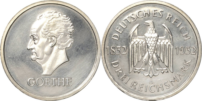 3 Reichsmark 1932 A Goethe Jaeger 350 Vom polierten Stempel. Leicht berieben, vo...
