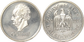 3 Reichsmark 1932 A Goethe Jaeger 350 Vom polierten Stempel. Leicht berieben, vorzüglich-Stempelglanz