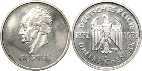 3 Reichsmark 1932 D Goethe Jaeger 350 Vom polierten Stempel. Berieben, vorzüglich-Stempelglanz