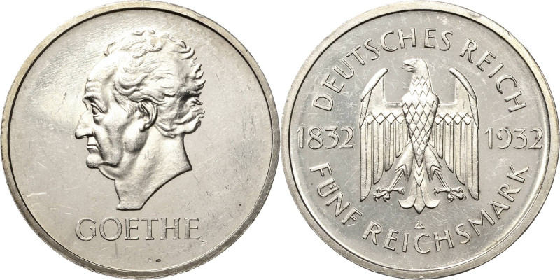 5 Reichsmark 1932 A Goethe Jaeger 351 Vom polierten Stempel. Min. Randfehler, kl...