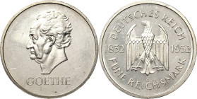5 Reichsmark 1932 A Goethe Jaeger 351 Vom polierten Stempel. Min. Randfehler, kl. Kratzer, fast vorzüglich/vorzüglich