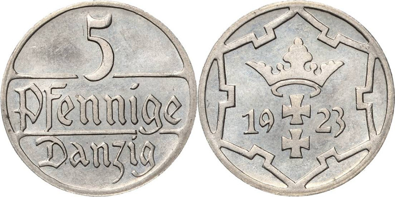 5 Pfennig 1923. Jaeger D 4 Sehr selten in dieser Erhaltung. Prachtexemplar. Poli...