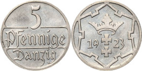 5 Pfennig 1923. Jaeger D 4 Sehr selten in dieser Erhaltung. Prachtexemplar. Polierte Platte