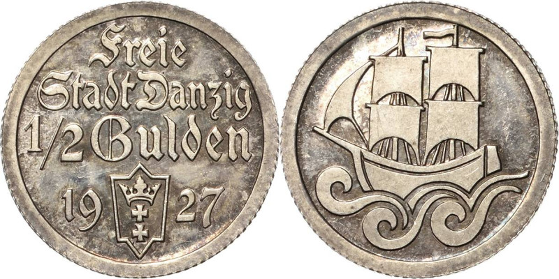 1/2 Gulden 1927. Kogge Jaeger D 6 Sehr selten in dieser Erhaltung. Kl. Kratzer, ...