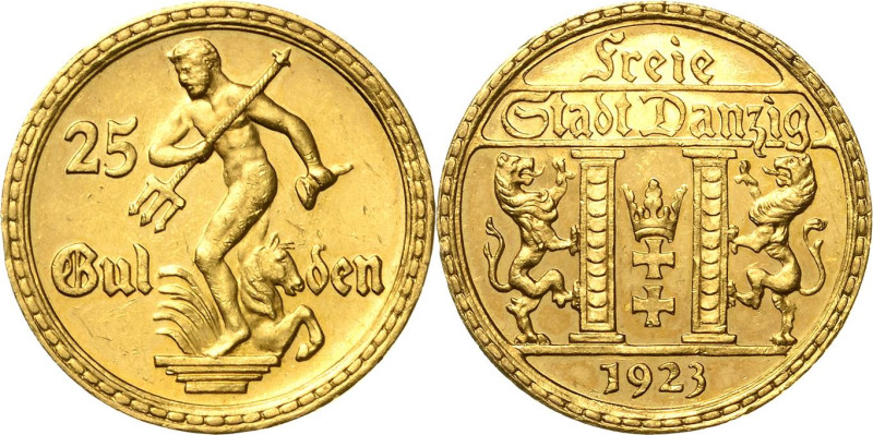 25 Gulden 1923 (A) Neptun mit Dreizack Jaeger D 10 GOLD. Äußerst seltenes Exempl...