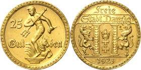 25 Gulden 1923 (A) Neptun mit Dreizack Jaeger D 10 GOLD. Äußerst seltenes Exemplar vom polierten Stempel. Kl. Kratzer, vorzüglich-Stempelglanz