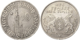 10 Gulden 1935. Rathaus Jaeger D 20 Sehr selten. Kl. Randfehler, Avers Kratzer, sehr schön+