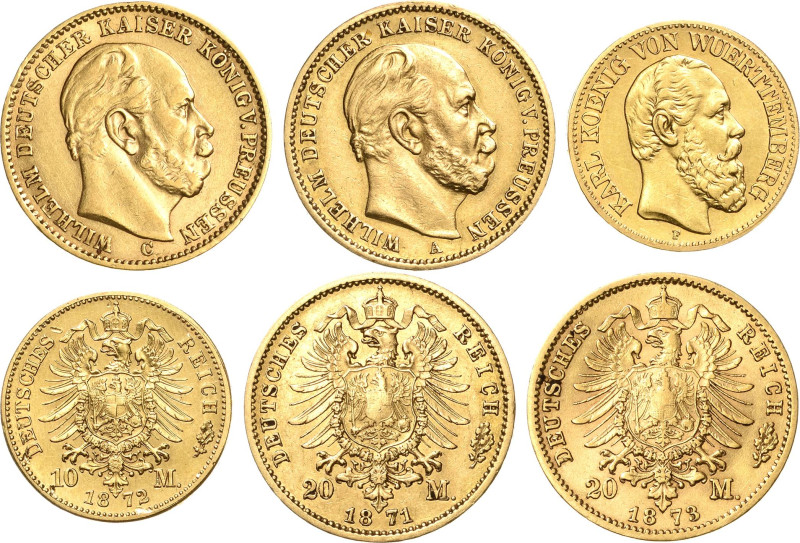 Reichsgoldmünzen
Lot-3 Stück Preußen 20 Mark 1871 A (Henkelspur), 1873 C. Württ...
