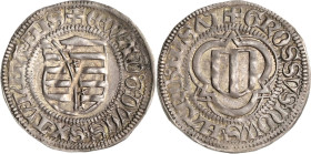 Sachsen - Das Kurfürstentum
Kurfürst Ernst, Herzog Albrecht, Herzog Wilhelm III. mit Kurfürstin Margaretha 1475-1482 Spitzgroschen 1475, langschenkel...