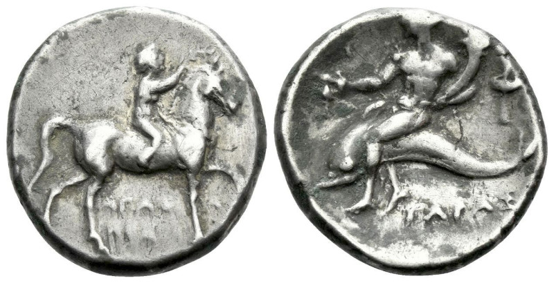 Calabria, Tarentum Nomos, magistrate Agatharchos circa 272-240, AR 21.00 mm., 6....