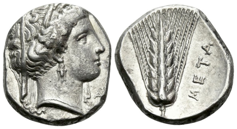 Lucania, Metapontum Nomos circa 340-330, AR 20.00 mm., 7.61 g.
Head of Demeter ...