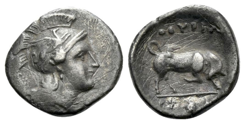 Lucania, Thurium Triobol circa 350-300, AR 11.00 mm., 0.87 g.
Head of Athena r....