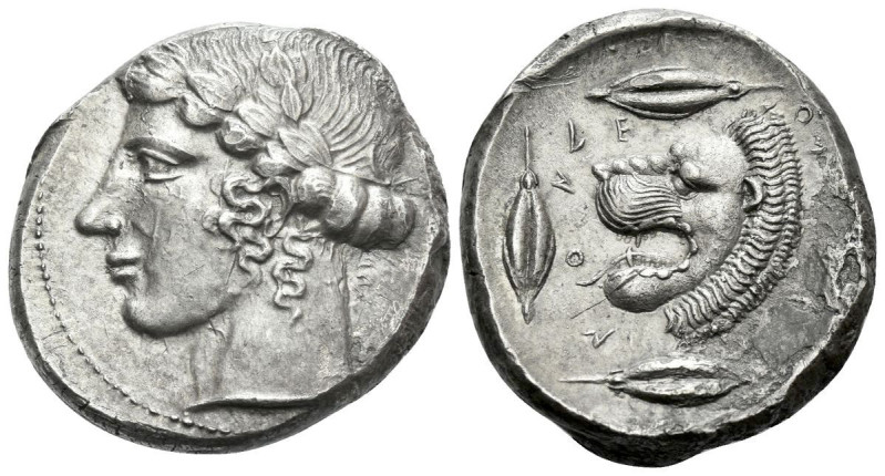 Sicily, Leontini Tetradrachm circa 440-430, AR 25.00 mm., 17.27 g.
Laureate hea...