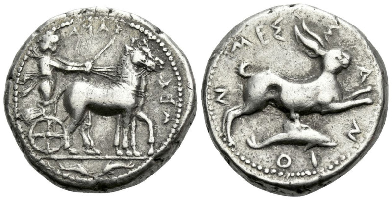 Sicily, Messana Tetradrachm circa 425-421, AR 25.00 mm., 17.01 g.
MEΣ – ΣANA Bi...