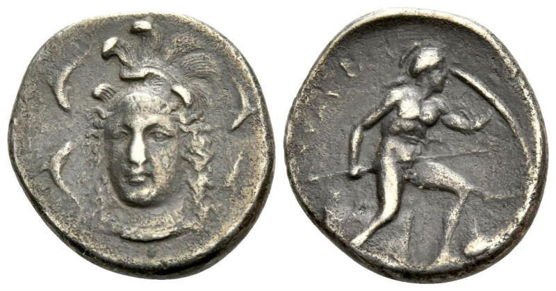 Sicily, Syracuse Drachm circa 405-395, AR 18.00 mm., 3.97 g.
Helmeted head of A...