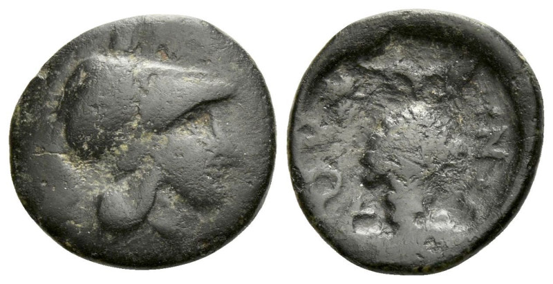 Locri Opuntii, Bronze IV-III cent., Æ 14.70 mm., 1.61 g.
Athena helmeted r.; ab...