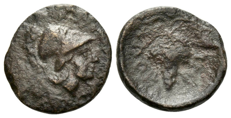 Locri Opuntii, Bronze III cent., Æ 13.40 mm., 1.50 g.
Bust of Athena helmeted r...