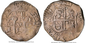 Philip IV Cob 8 Reales 1654 P-E-PH VF35 NGC, Potosi mint, KM21, Cal-1507. 27.17gm. "8" on the obverse variety. Accompanied by the original collector e...