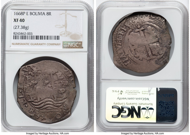 Charles II Cob 8 Reales 1668 P-E XF40 NGC, Potosi mint, KM26, Cal-699. 27.38gm. ...