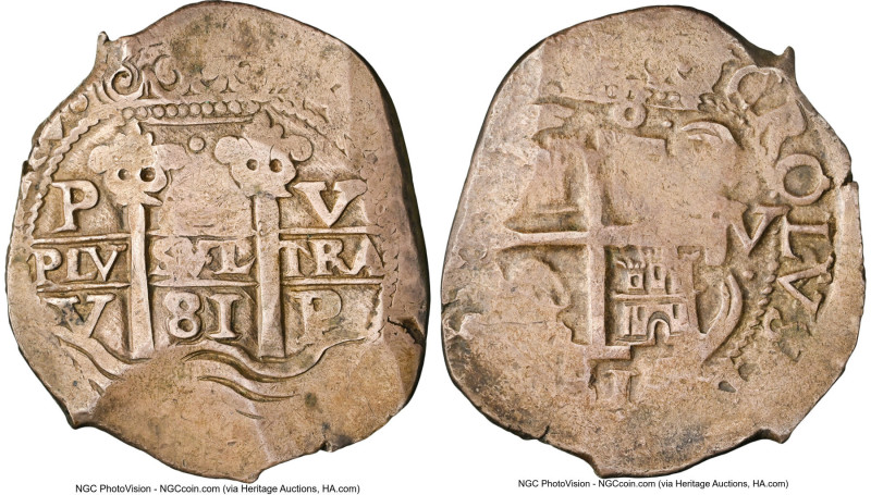 Charles II Cob 8 Reales 1681 P-V XF40 NGC, Potosi mint, KM26, Cal-719. 24.21gm. ...