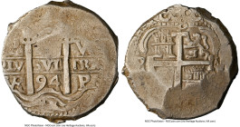 Charles II Cob 8 Reales 1694 P-VR AU55 NGC, Potosi mint, KM26, Cal-737. 27.29gm. A fine specimen displaying an enviable preservation, and despite area...