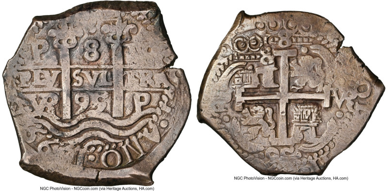 Charles II Cob 8 Reales 1695 P-VR XF45 NGC, Potosi mint, KM26, Cal-738. 27.68gm....