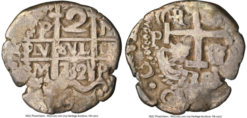 Philip V Cob 2 Reales 1732 P-M VF25 NGC, Potosi mint, KM29a, Cal-907. 6.20gm. Ac...