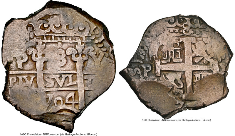Philip V Cob 8 Reales 1704 P-Y AU50 NGC, Potosi mint, KM31, Cal-1539. 26.76gm. A...