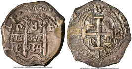 Philip V Cob 8 Reales 1734 P-E AU53 NGC, Potosi mint, KM31a, Cal-1569. 27.54gm. An enchanting example of this type, featuring well-embossed central de...