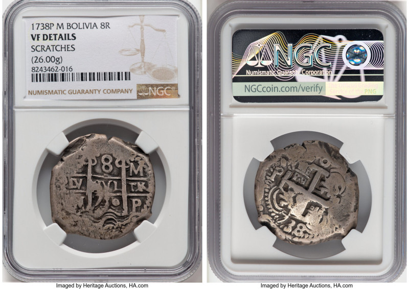 Philip V Cob 8 Reales 1738 P-M VF Details (Scratches) NGC, Potosi mint, KM31a, C...