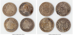 Charles III 4-Piece Lot of Uncertified 1/2 Reales, 1) 1/2 Real 1774 PTS-JR, Potosi mint, KM51, Cal-239. 1.70gm. 2) 1/2 Real 1775 PTS-JR, Potosi mint, ...