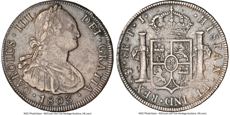 Charles IV 8 Reales 1803 PTS-PJ XF Details (Stained) NGC, Potosi mint, KM73, Cal...