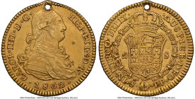 Charles IV gold 2 Escudos 1802 PTS-PP AU Details (Holed) NGC, Potosi mint, KM79, Cal-1372. An important representative for the Spanish colonial collec...