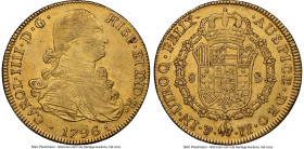 Charles IV gold 8 Escudos 1796 PTS-PP AU55 NGC, Potosi mint, KM81, Cal-1702, Onza-1095. Pale gold in appearance and only gently handled, with the majo...
